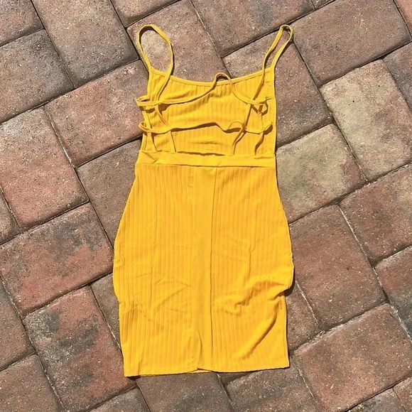 NEW! Yellow Ribbed Bandage Cut Out Strappy Cage Back Bodycon Dress - Picture 9 of 11